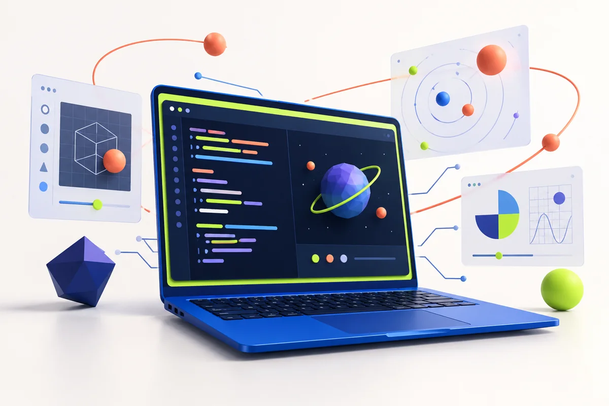 A creative coding workspace with a blue laptop, abstract code, and an orbital space project